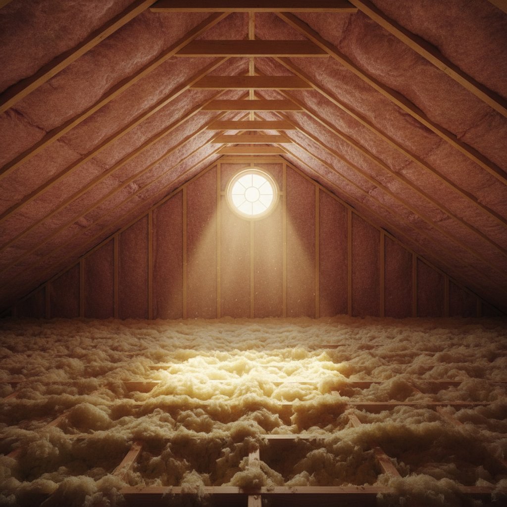 An attic with fresh insulation visible between the joists